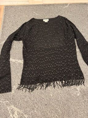 Beaded Black Fringe Long Sleeve Top